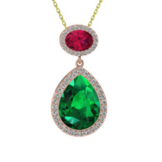Yeşil kuvars, rodolit garnet ve beyaz zirkon 925 ayar rose altın kaplama gümüş kolye (40 cm altın rolo zincir)