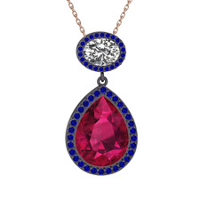Lupine Kolye - Rodolit garnet, beyaz zirkon ve lab safir 925 ayar siyah rodyum kaplama gümüş kolye (40 cm rose altın rolo zincir) #znul00