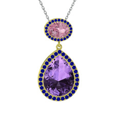 Ametist, pembe kuvars ve lab safir 14 ayar altın kolye (40 cm gümüş rolo zincir)