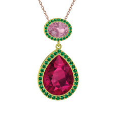 Rodolit garnet, pembe kuvars ve yeşil kuvars 18 ayar altın kolye (40 cm rose altın rolo zincir)
