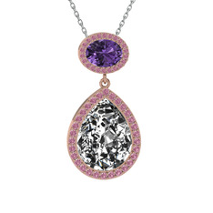 Lupine Kolye - Beyaz zirkon, ametist ve pembe kuvars 8 ayar rose altın kolye (40 cm beyaz altın rolo zincir) #zvx29s