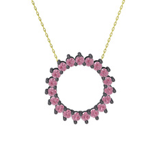 Gün Işığı Kolye - Pembe kuvars 925 ayar siyah rodyum kaplama gümüş kolye (40 cm altın rolo zincir) #1h6xycr