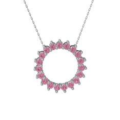 Pembe kuvars 8 ayar beyaz altın kolye (40 cm gümüş rolo zincir)