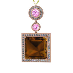 Toprak Kolye - Dumanlı kuvars, pembe kuvars ve beyaz zirkon 18 ayar rose altın kolye (40 cm altın rolo zincir) #107aphh