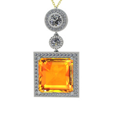 Toprak Kolye - Sitrin ve beyaz zirkon 8 ayar beyaz altın kolye (40 cm gümüş rolo zincir) #10n2dom