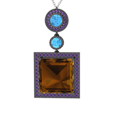 Dumanlı kuvars, akuamarin ve ametist 925 ayar siyah rodyum kaplama gümüş kolye (40 cm beyaz altın rolo zincir)