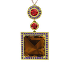 Dumanlı kuvars, garnet ve ametist 14 ayar altın kolye (40 cm rose altın rolo zincir)