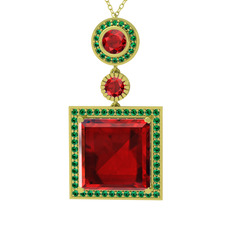 Garnet ve yeşil kuvars 8 ayar altın kolye (40 cm gümüş rolo zincir)