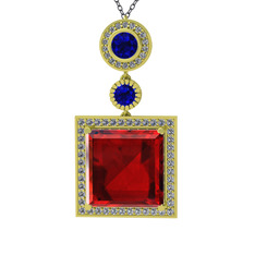 Toprak Kolye - Garnet, lab safir ve beyaz zirkon 8 ayar altın kolye (40 cm gümüş rolo zincir) #12kqv4b