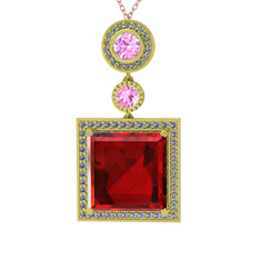 Garnet, pembe kuvars ve beyaz zirkon 14 ayar altın kolye (40 cm gümüş rolo zincir)