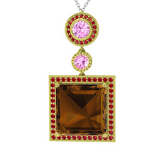 Dumanlı kuvars, pembe kuvars ve garnet 925 ayar altın kaplama gümüş kolye (40 cm beyaz altın rolo zincir)