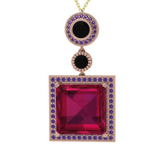 Toprak Kolye - Rodolit garnet, siyah zirkon ve ametist 18 ayar rose altın kolye (40 cm gümüş rolo zincir) #1352qx1