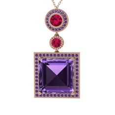 Ametist ve rodolit garnet 8 ayar rose altın kolye (40 cm rose altın rolo zincir)