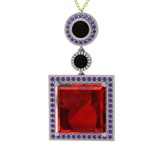 Toprak Kolye - Garnet, siyah zirkon ve ametist 14 ayar beyaz altın kolye (40 cm altın rolo zincir) #13frt85
