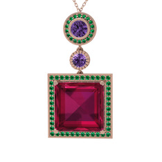 Toprak Kolye - Rodolit garnet, ametist ve yeşil kuvars 925 ayar rose altın kaplama gümüş kolye (40 cm gümüş rolo zincir) #13tlaxx