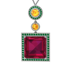 Toprak Kolye - Rodolit garnet, sitrin ve yeşil kuvars 14 ayar beyaz altın kolye (40 cm gümüş rolo zincir) #1479b2r