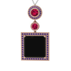 Siyah zirkon, rodolit garnet ve ametist 14 ayar rose altın kolye (40 cm gümüş rolo zincir)