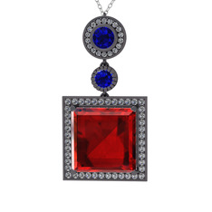 Toprak Kolye - Garnet, lab safir ve beyaz zirkon 925 ayar siyah rodyum kaplama gümüş kolye (40 cm beyaz altın rolo zincir) #14nlch