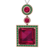 Rodolit garnet ve yeşil kuvars 14 ayar rose altın kolye (40 cm gümüş rolo zincir)