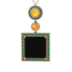 Toprak Kolye - Siyah zirkon, sitrin ve yeşil kuvars 18 ayar rose altın kolye (40 cm rose altın rolo zincir) #1505i2y