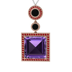 Ametist, siyah zirkon ve garnet 14 ayar rose altın kolye (40 cm gümüş rolo zincir)