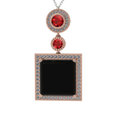 Siyah zirkon, garnet ve beyaz zirkon 925 ayar rose altın kaplama gümüş kolye (40 cm beyaz altın rolo zincir)