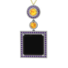 Toprak Kolye - Siyah zirkon, sitrin ve ametist 14 ayar beyaz altın kolye (40 cm altın rolo zincir) #159qq3l