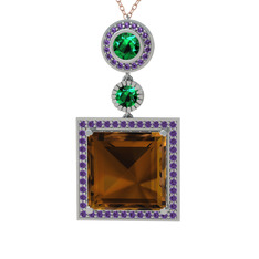 Dumanlı kuvars, yeşil kuvars ve ametist 925 ayar gümüş kolye (40 cm rose altın rolo zincir)