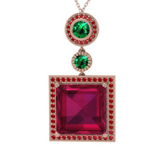 Rodolit garnet, yeşil kuvars ve garnet 14 ayar rose altın kolye (40 cm rose altın rolo zincir)