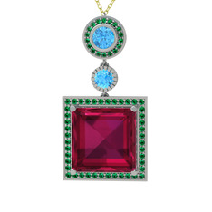 Rodolit garnet, akuamarin ve yeşil kuvars 8 ayar beyaz altın kolye (40 cm gümüş rolo zincir)