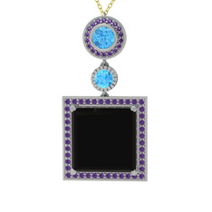 Siyah zirkon, akuamarin ve ametist 8 ayar beyaz altın kolye (40 cm gümüş rolo zincir)