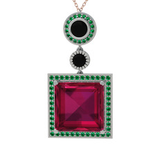 Toprak Kolye - Rodolit garnet, siyah zirkon ve yeşil kuvars 14 ayar beyaz altın kolye (40 cm rose altın rolo zincir) #16y4szo