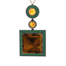 Toprak Kolye - Dumanlı kuvars, sitrin ve yeşil kuvars 925 ayar siyah rodyum kaplama gümüş kolye (40 cm rose altın rolo zincir) #175d3s5