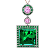 Yeşil kuvars ve pembe kuvars 14 ayar beyaz altın kolye (40 cm rose altın rolo zincir)