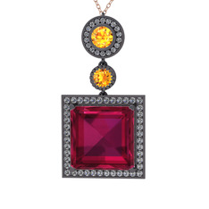 Rodolit garnet, sitrin ve beyaz zirkon 925 ayar siyah rodyum kaplama gümüş kolye (40 cm gümüş rolo zincir)