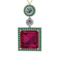 Toprak Kolye - Rodolit garnet, beyaz zirkon ve yeşil kuvars 925 ayar gümüş kolye (40 cm altın rolo zincir) #17g97fx