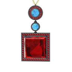Garnet ve akuamarin 925 ayar siyah rodyum kaplama gümüş kolye (40 cm gümüş rolo zincir)