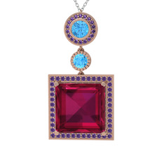Rodolit garnet, akuamarin ve ametist 925 ayar rose altın kaplama gümüş kolye (40 cm gümüş rolo zincir)