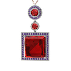 Garnet ve ametist 925 ayar gümüş kolye (40 cm rose altın rolo zincir)