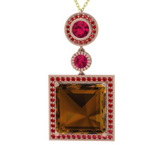 Dumanlı kuvars, rodolit garnet ve garnet 14 ayar rose altın kolye (40 cm altın rolo zincir)