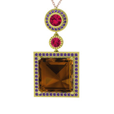 Dumanlı kuvars, rodolit garnet ve ametist 925 ayar altın kaplama gümüş kolye (40 cm gümüş rolo zincir)