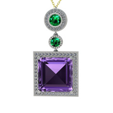 Toprak Kolye - Ametist, yeşil kuvars ve beyaz zirkon 925 ayar gümüş kolye (40 cm gümüş rolo zincir) #189gdlt