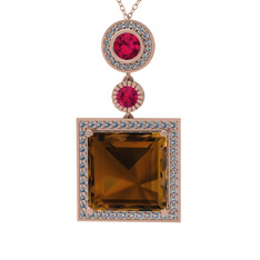 Dumanlı kuvars, rodolit garnet ve beyaz zirkon 925 ayar rose altın kaplama gümüş kolye (40 cm rose altın rolo zincir)
