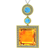 Toprak Kolye - Sitrin, akuamarin ve beyaz zirkon 925 ayar altın kaplama gümüş kolye (40 cm beyaz altın rolo zincir) #18xkuwq