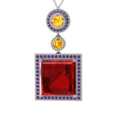 Toprak Kolye - Garnet, sitrin ve ametist 925 ayar gümüş kolye (40 cm beyaz altın rolo zincir) #1925fgp
