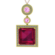Toprak Kolye - Rodolit garnet, pembe kuvars ve beyaz zirkon 14 ayar altın kolye (40 cm rose altın rolo zincir) #194seaj