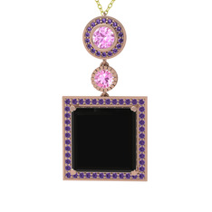 Toprak Kolye - Siyah zirkon, pembe kuvars ve ametist 14 ayar rose altın kolye (40 cm altın rolo zincir) #19j5xw7
