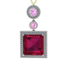 Toprak Kolye - Rodolit garnet, pembe kuvars ve beyaz zirkon 8 ayar beyaz altın kolye (40 cm altın rolo zincir) #1a9cqhn