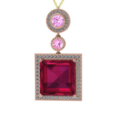 Toprak Kolye - Rodolit garnet, pembe kuvars ve beyaz zirkon 18 ayar rose altın kolye (40 cm altın rolo zincir) #1af12pn