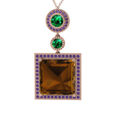 Toprak Kolye - Dumanlı kuvars, yeşil kuvars ve ametist 14 ayar rose altın kolye (40 cm rose altın rolo zincir) #1awwvxr